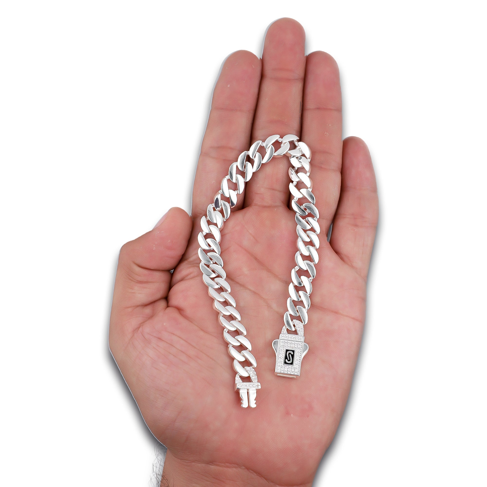 LPPC112 Pulsera Caballero Mona Cubana Lisa Broche con Zirconias 9 mm x 21 cmen Plata .925 Taxco Gro 2932372037
