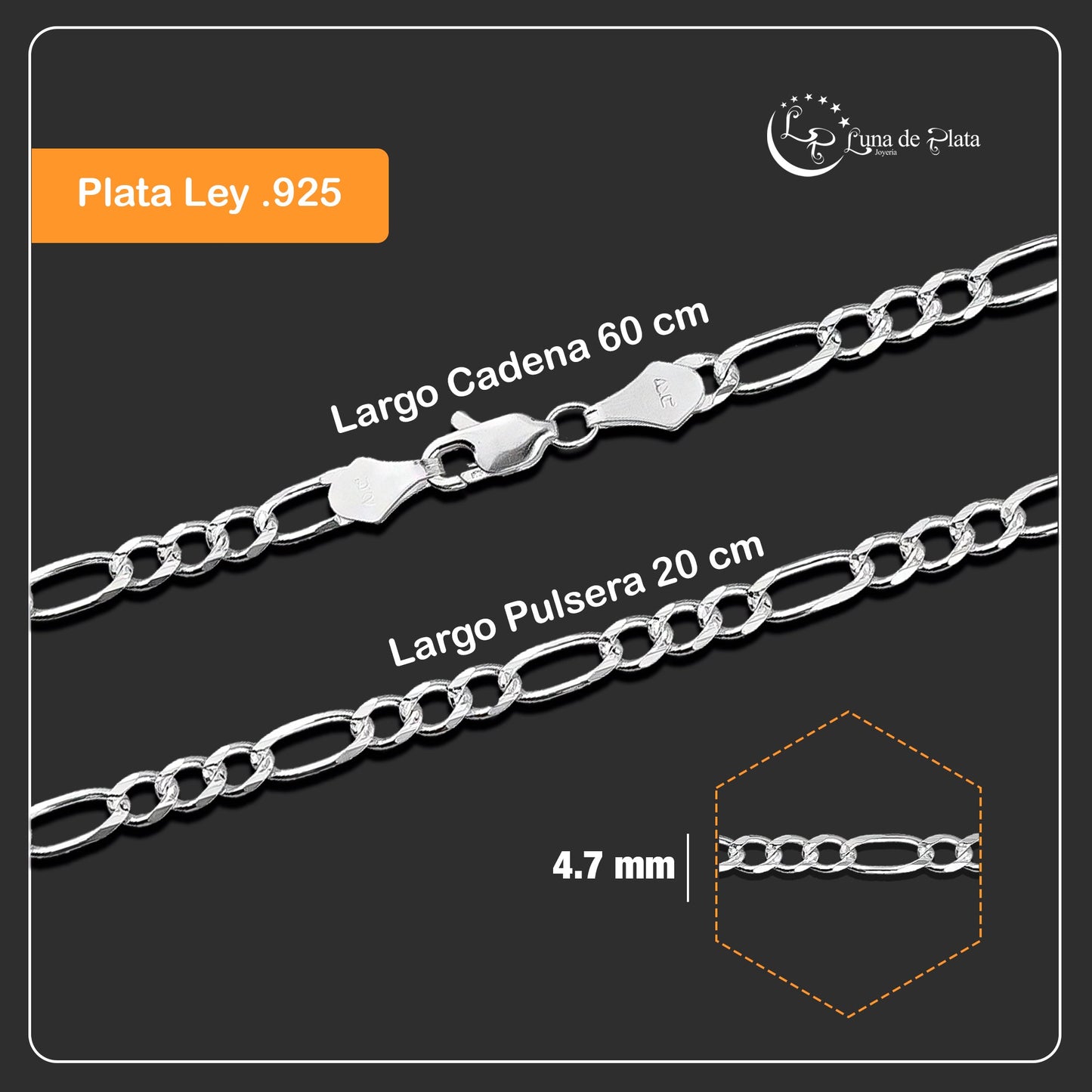 LPPCP001 Set Pulsera 20 cm + Cadena 60 cm Figaro 3x1 Plata .925 Taxco 1458750127