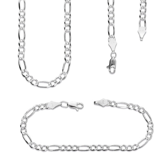 LPPCP001 Set Pulsera 20 cm + Cadena 60 cm Figaro 3x1 Plata .925 Taxco 1458750127