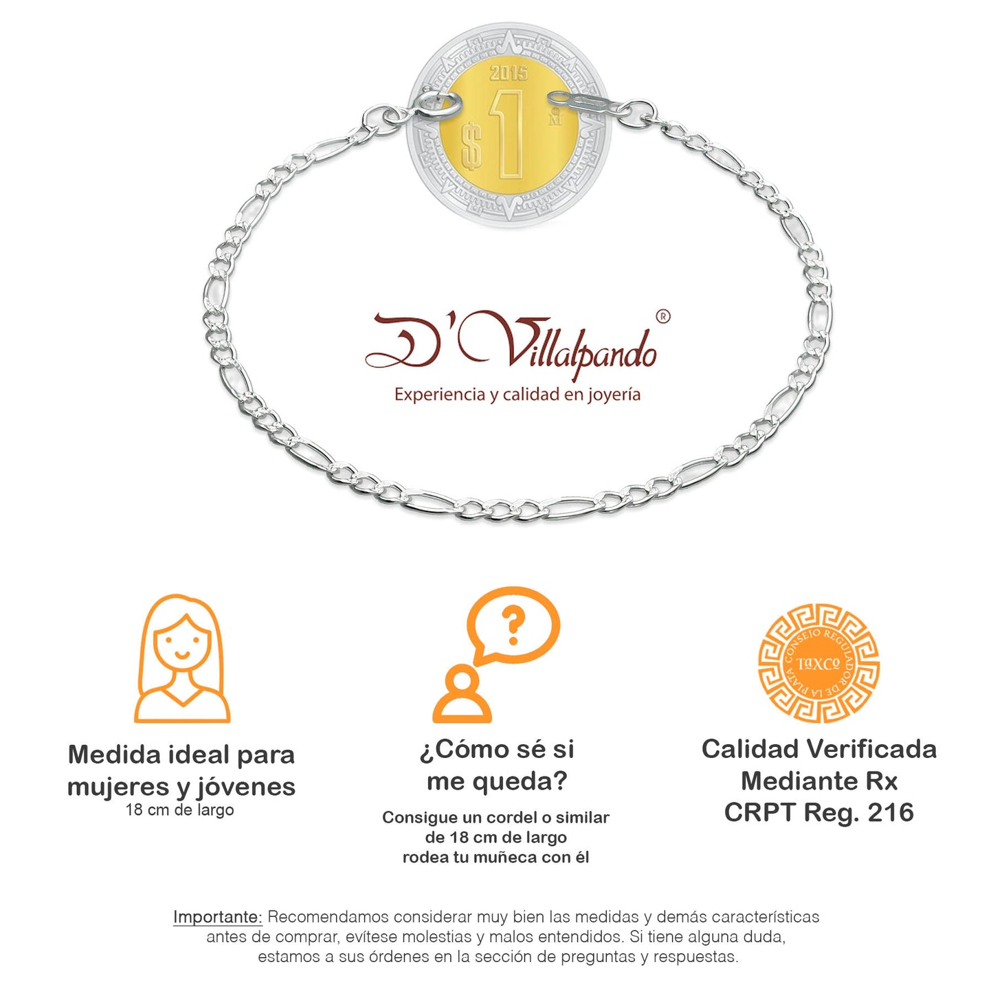 LPPD038 Pulsera Figaro 3x1 Diam 2.5 cm x 18 cm en Plata Ley .925 1524044019