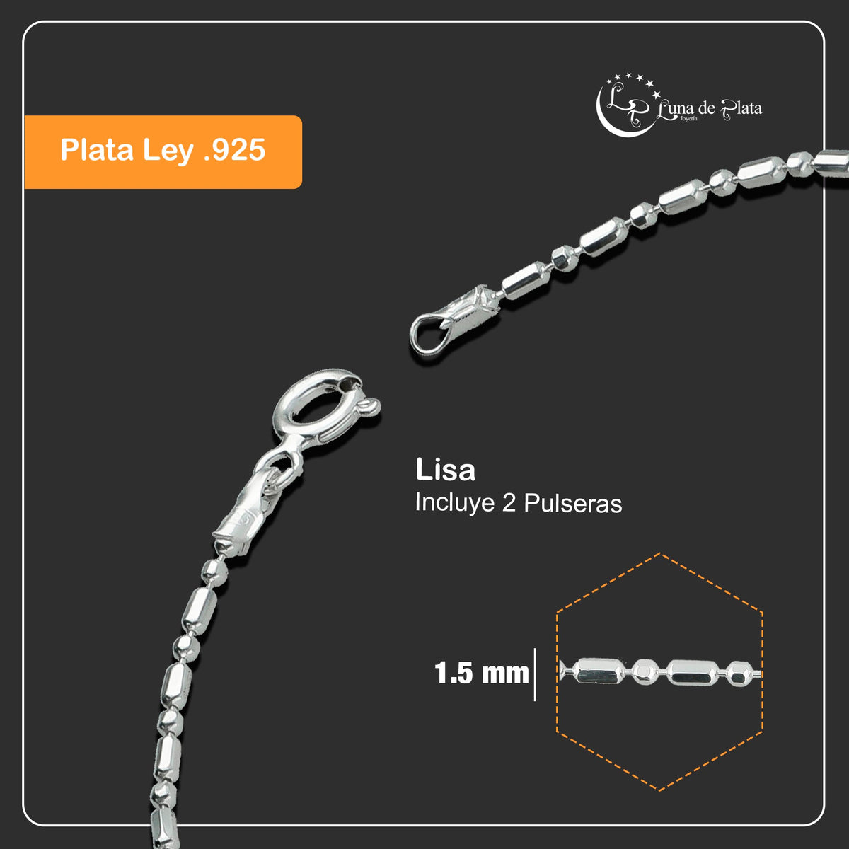 LPPD042 2 Pack Pulsera Popotillo 1X1 1.5 mm x 18 cm en Plata Ley .925 1526130717