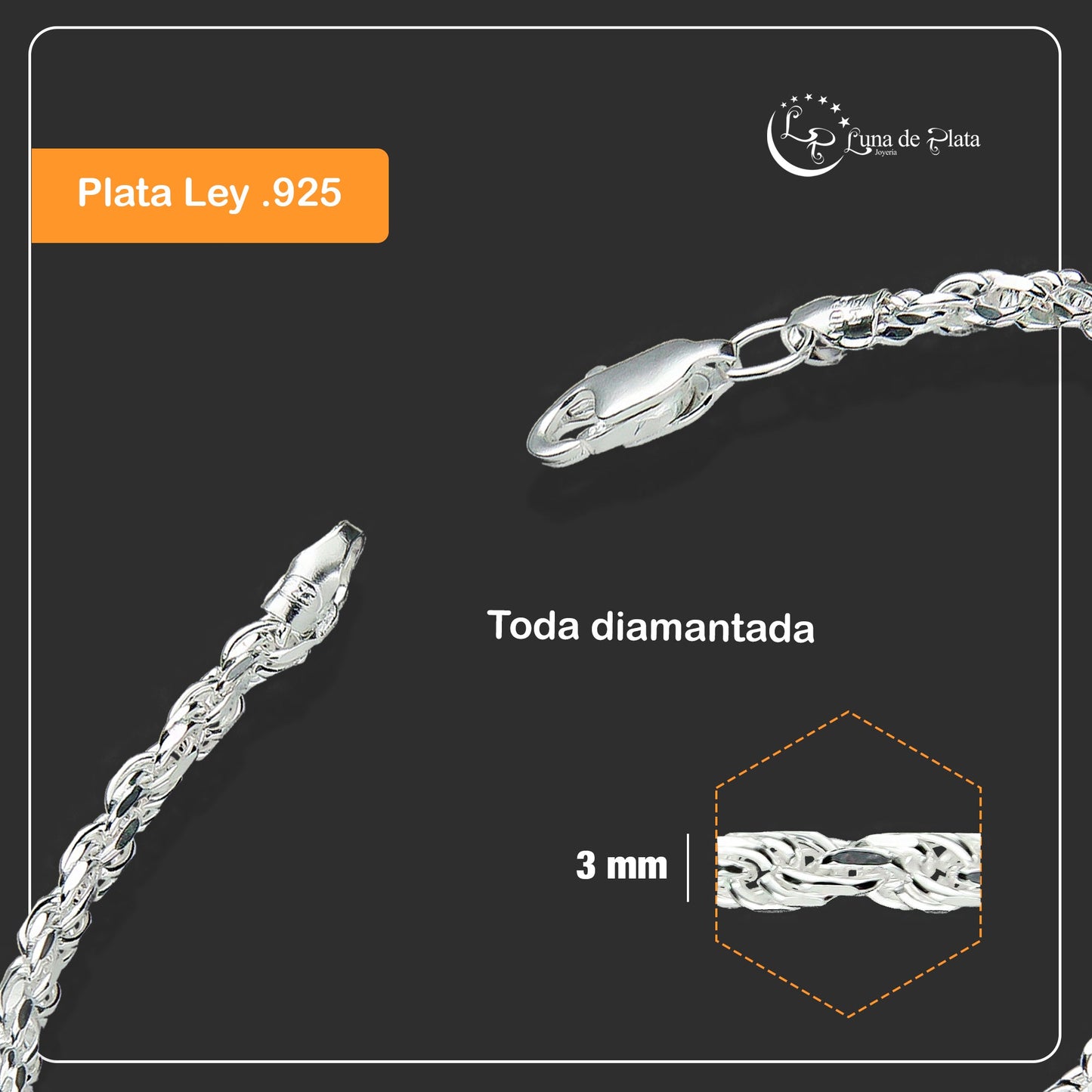 LPPD084 Pulsera Torsal Diam 3 mm x 19 cm en Plata Ley .925 1889205673