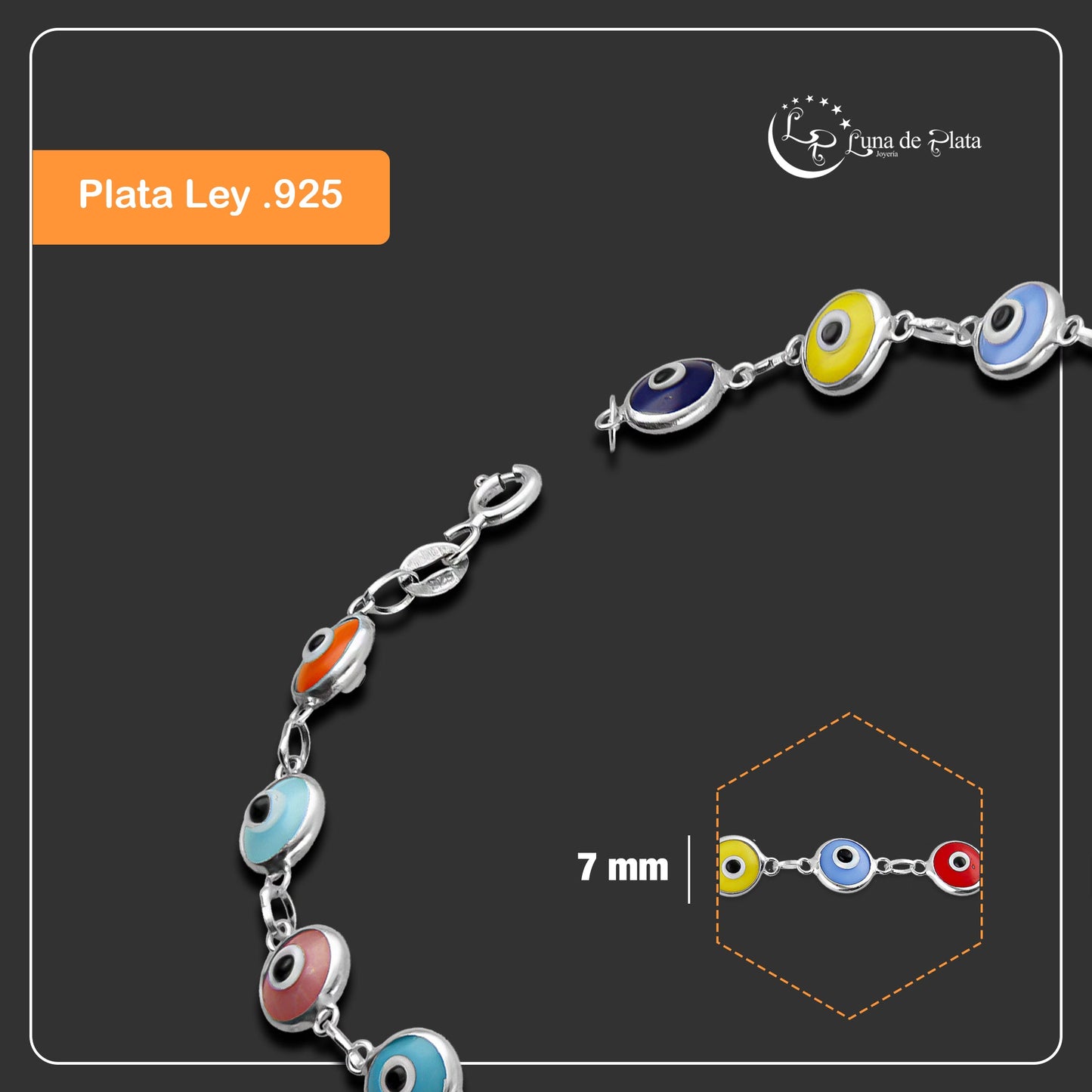 LPPD106 Pulsera Ojitos Multicolor Bisel Liso en Plata Fina .925 2065545481