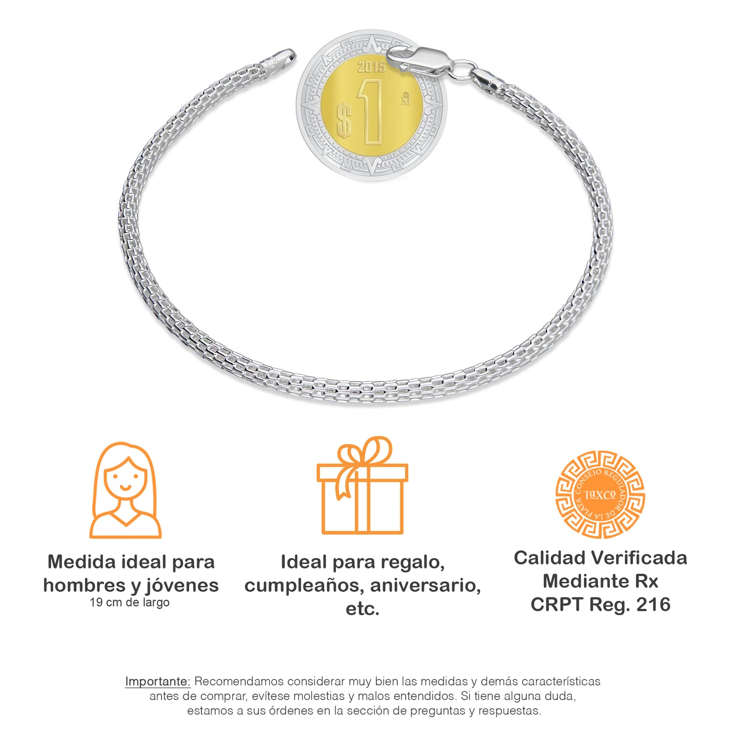 LPPD113 Pulsera Bizmark Tubular 3 mm x 19 cm en Plata Ley .925 3610202102