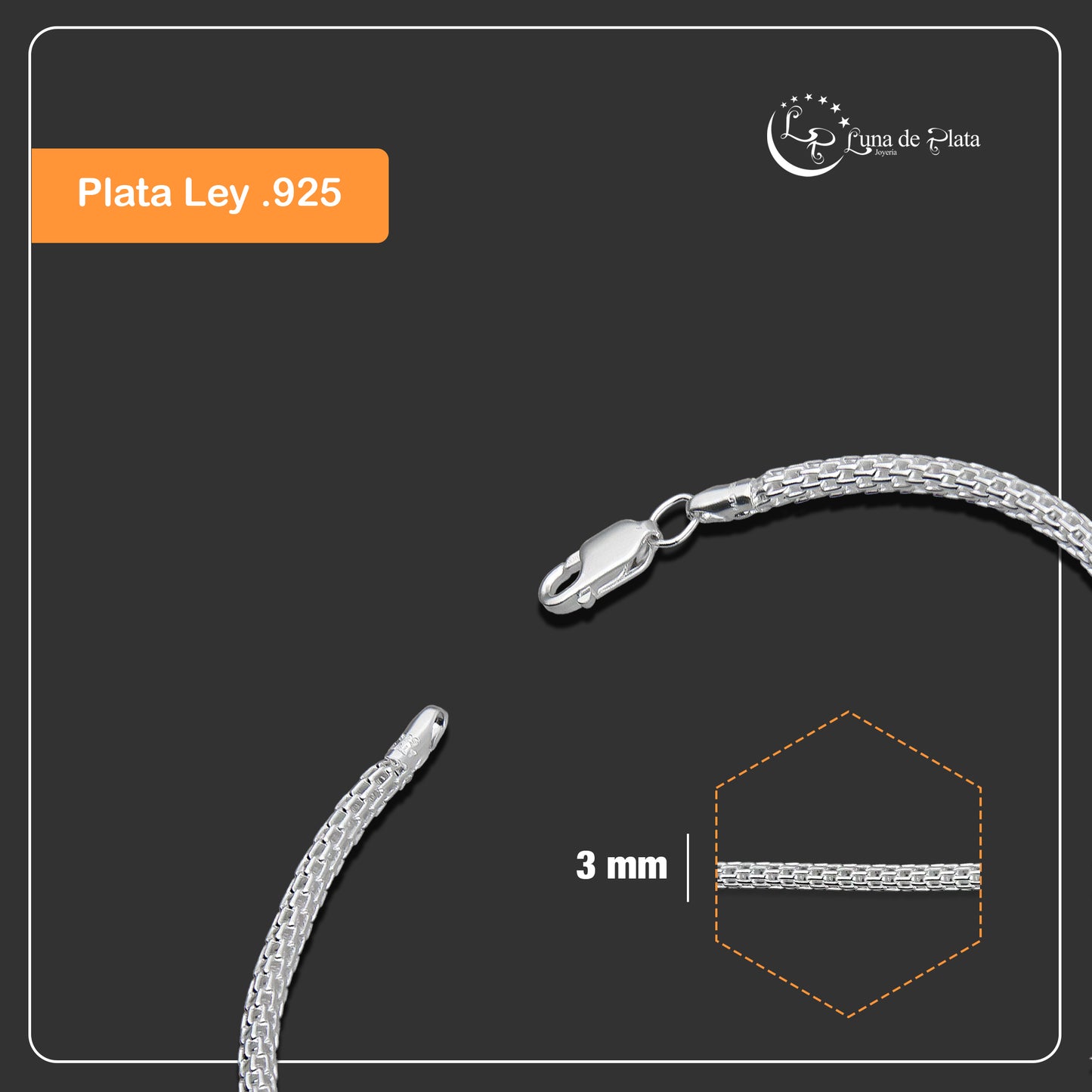 LPPD113 Pulsera Bizmark Tubular 3 mm x 19 cm en Plata Ley .925 3610202102
