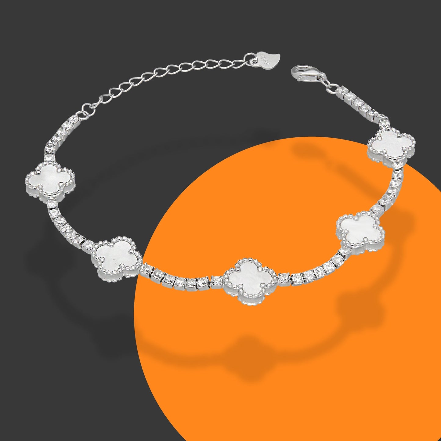 LPPD114 Pulsera Dama Mod 5 Trébol Blancos con Zirconias 9.5 mm Ajustable de 16 a 20 cm en Plata .925