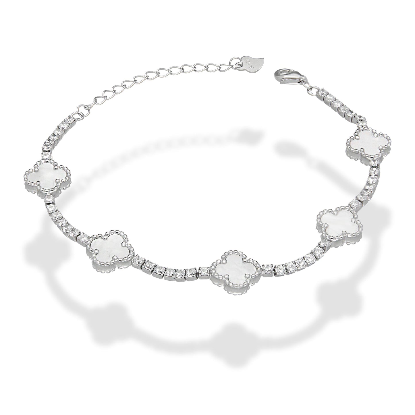 LPPD114 Pulsera Dama Mod 5 Trébol Blancos con Zirconias 9.5 mm Ajustable de 16 a 20 cm en Plata .925