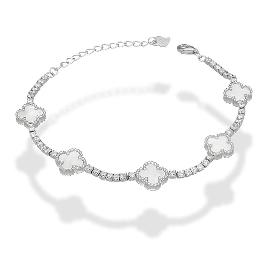 LPPD114 Pulsera Dama Mod 5 Trébol Blancos con Zirconias 9.5 mm Ajustable de 16 a 20 cm en Plata .925