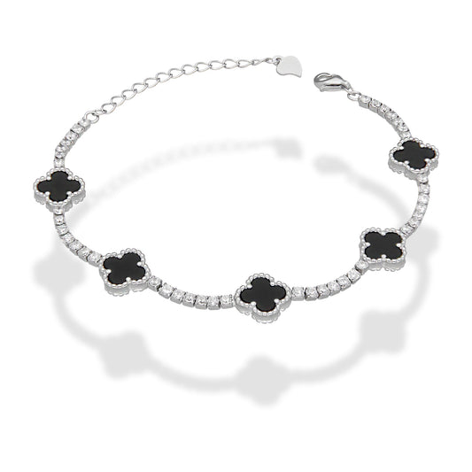 LPPD115 Pulsera Dama Mod 5 Trébol Negros con Zirconias 9.5 mm Ajustable de 16 a 20 cm en Plata .925