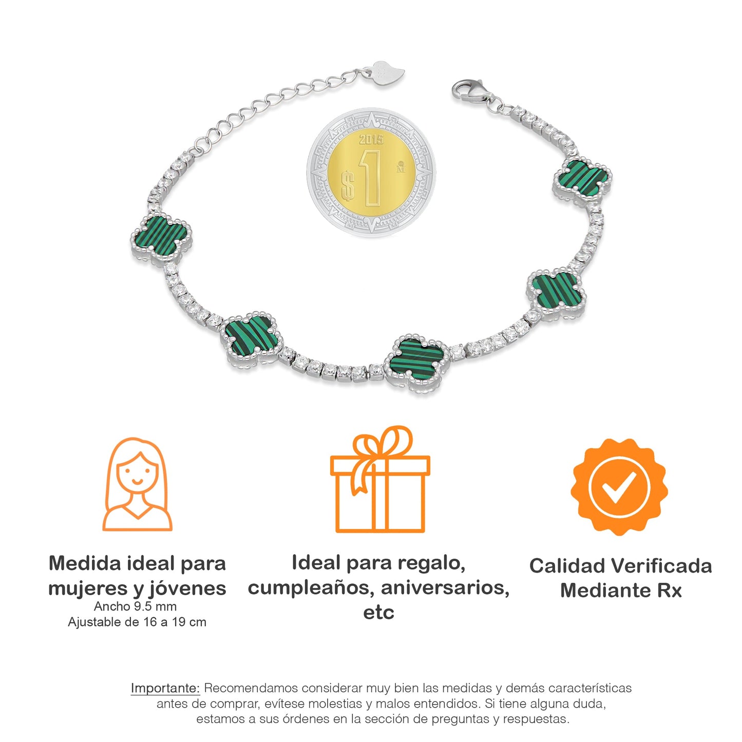 LPPD116 Pulsera Dama Mod 5 Trébol Verdes con Zirconias 9.5 mm Ajustable de 16 a 19 cm en Plata .925