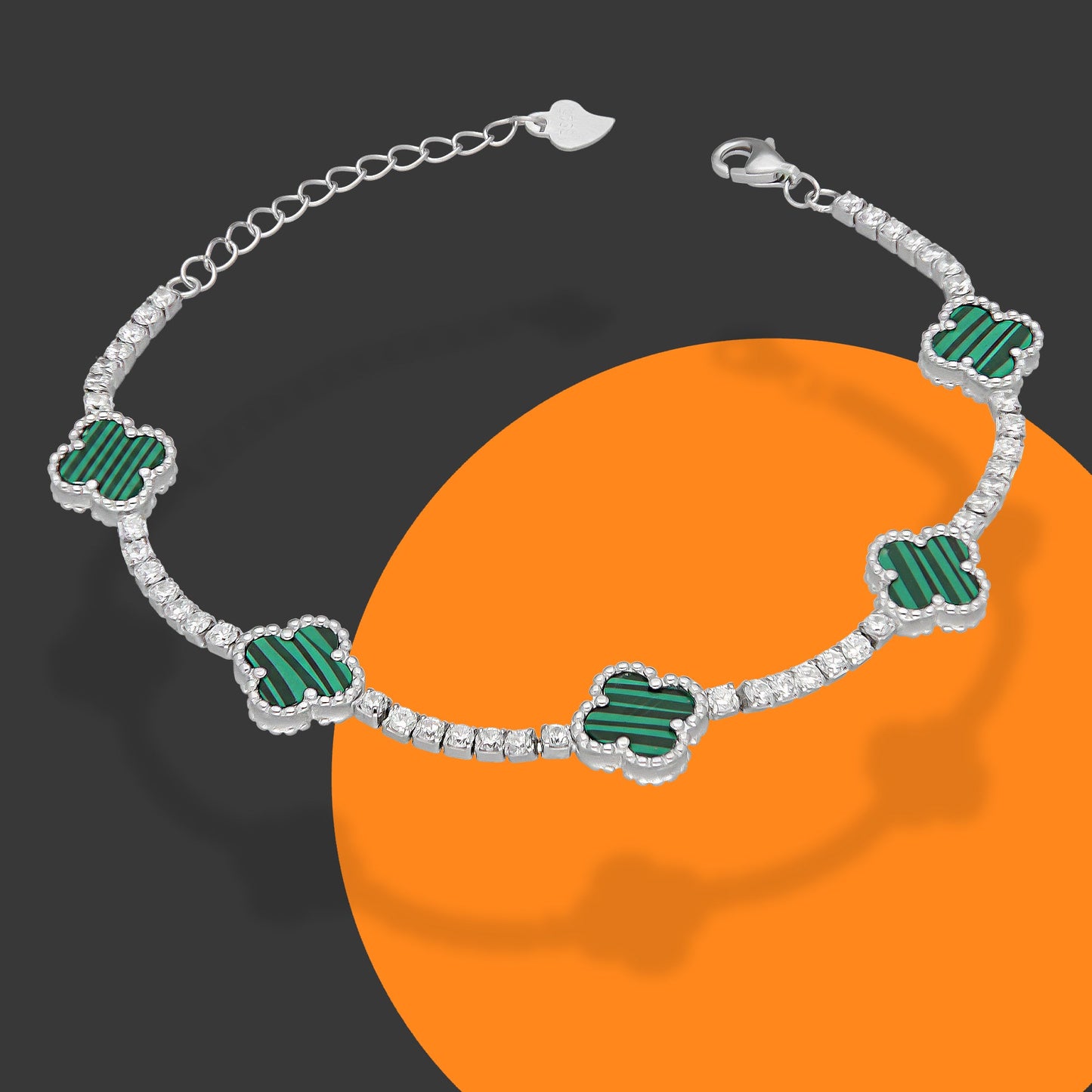 LPPD116 Pulsera Dama Mod 5 Trébol Verdes con Zirconias 9.5 mm Ajustable de 16 a 19 cm en Plata .925