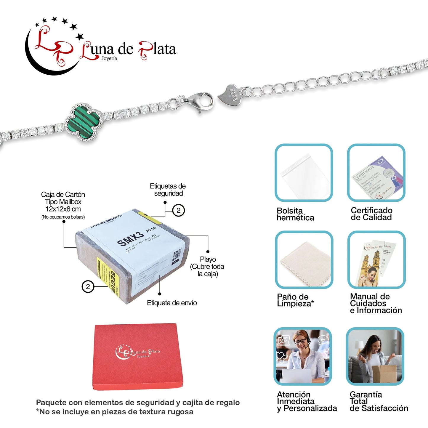 LPPD116 Pulsera Dama Mod 5 Trébol Verdes con Zirconias 9.5 mm Ajustable de 16 a 19 cm en Plata .925