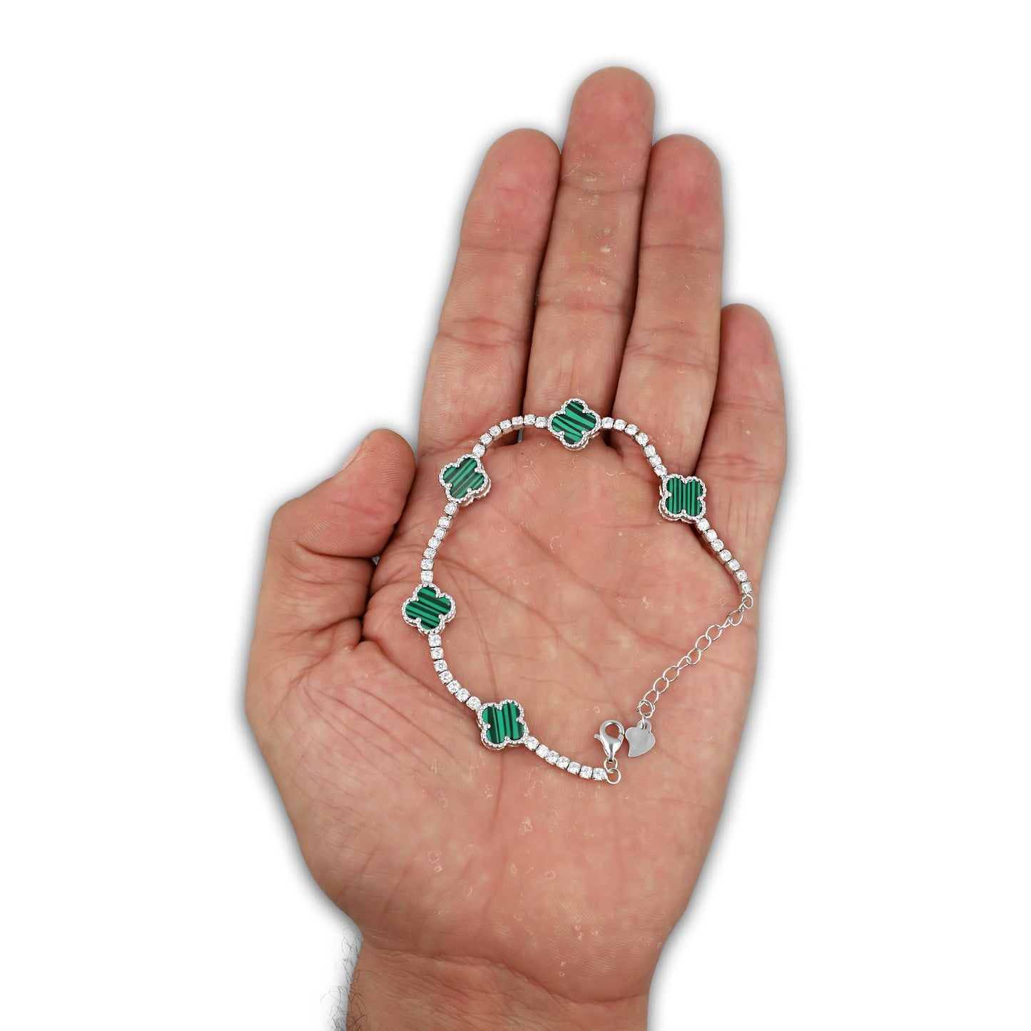 LPPD116 Pulsera Dama Mod 5 Trébol Verdes con Zirconias 9.5 mm Ajustable de 16 a 19 cm en Plata .925