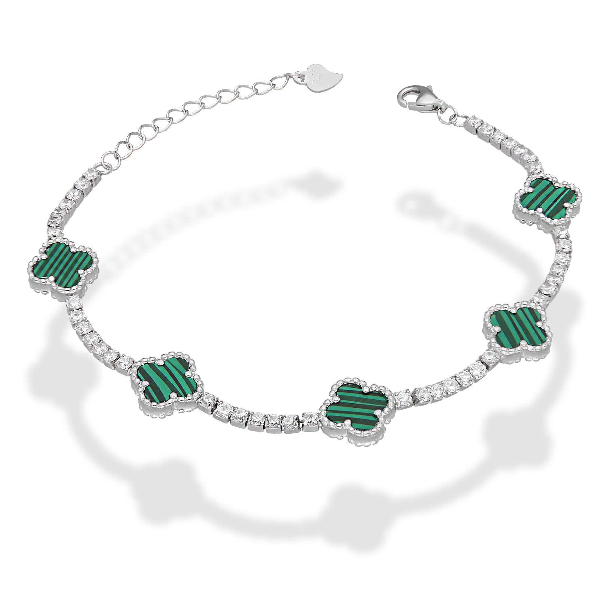 LPPD116 Pulsera Dama Mod 5 Trébol Verdes con Zirconias 9.5 mm Ajustable de 16 a 19 cm en Plata .925