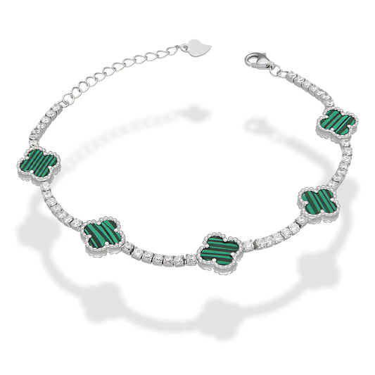 LPPD116 Pulsera Dama Mod 5 Trébol Verdes con Zirconias 9.5 mm Ajustable de 16 a 19 cm en Plata .925