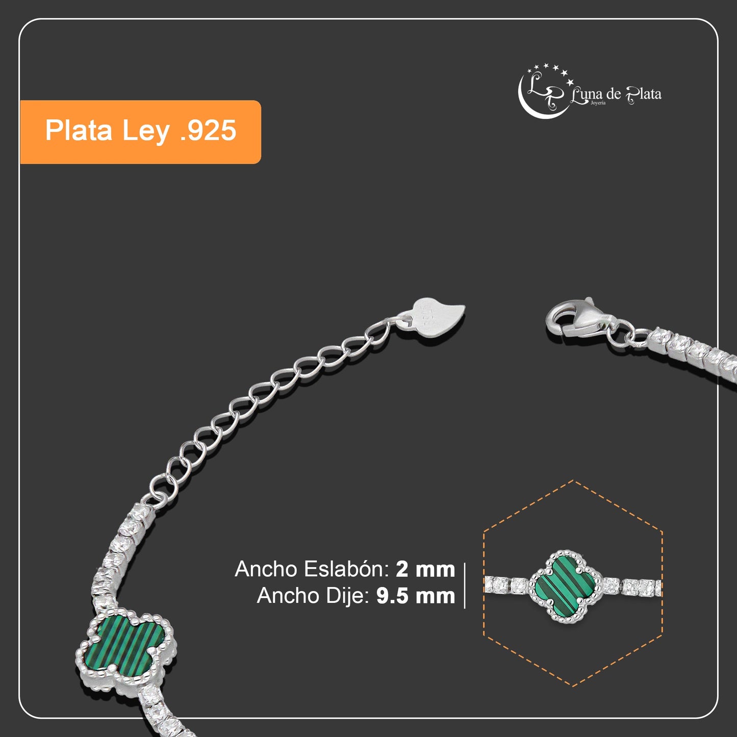 LPPD116 Pulsera Dama Mod 5 Trébol Verdes con Zirconias 9.5 mm Ajustable de 16 a 19 cm en Plata .925