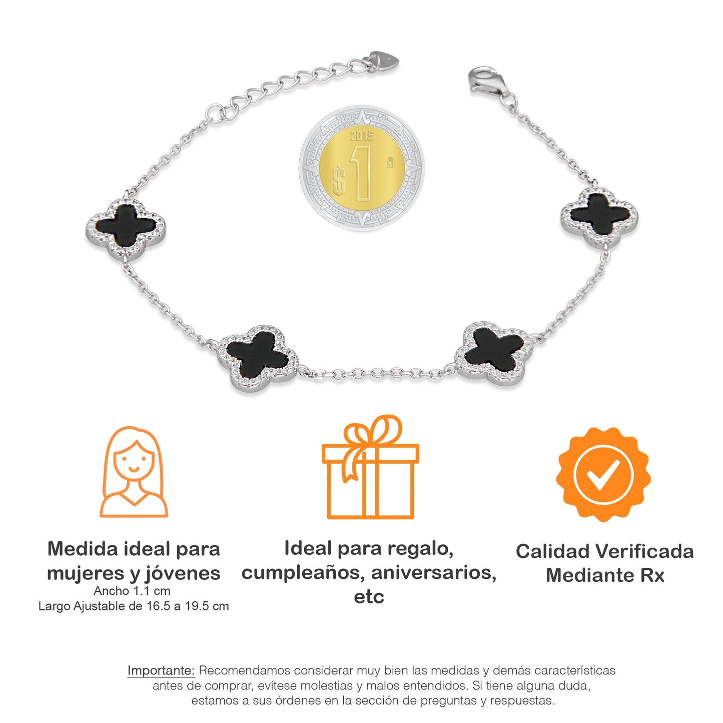 LPPD117 Pulsera Dama Mod 4 Trébol Negros Orilla Zirconia 1.1 cm Ajustable de 16.5 a 19.5 cm en Plata .925