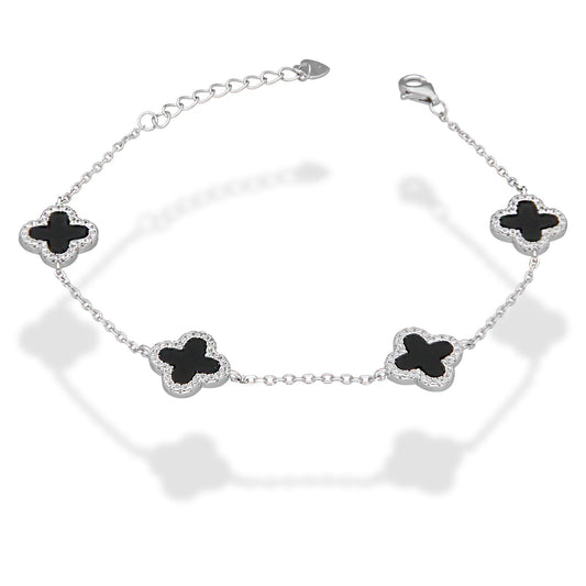 LPPD117 Pulsera Dama Mod 4 Trébol Negros Orilla Zirconia 1.1 cm Ajustable de 16.5 a 19.5 cm en Plata .925