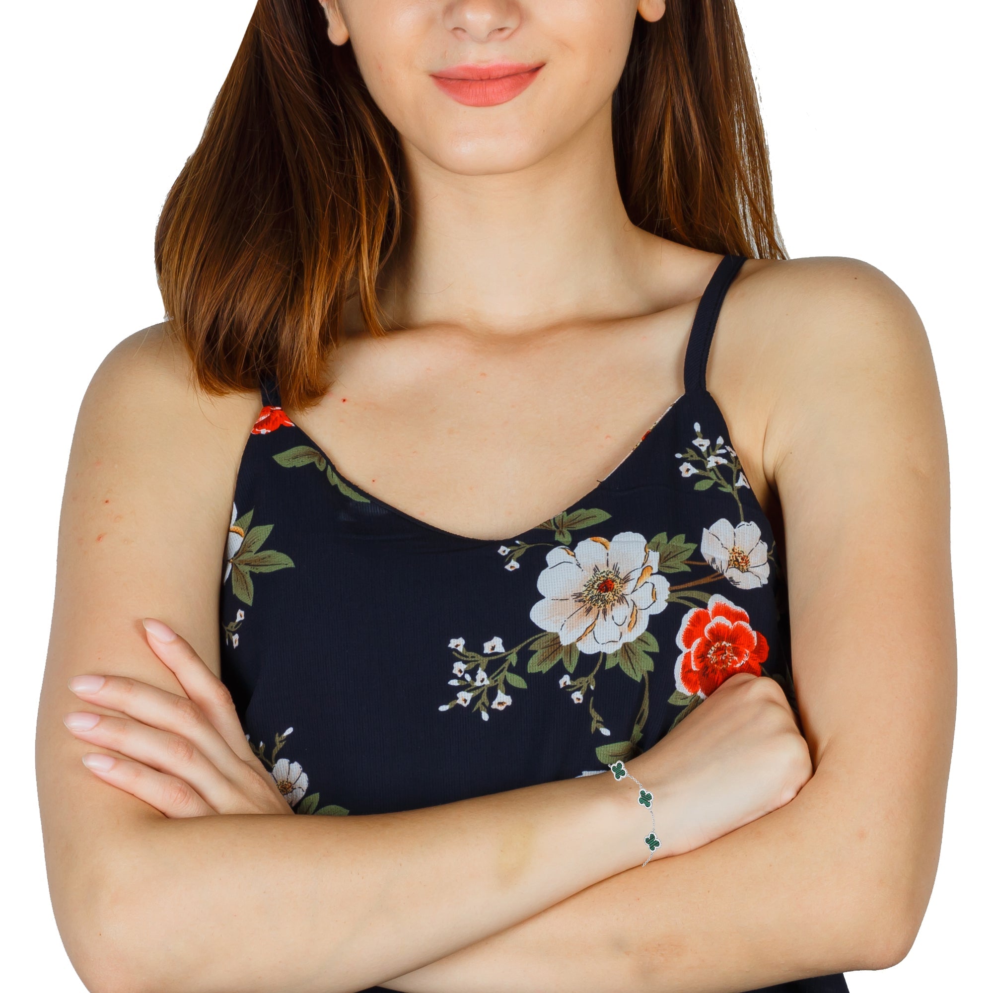LPPD118 Pulsera Dama Mod 5 Trébol Verdes 1.4 cm Ajustable de 17 a 20 cm en Plata .925