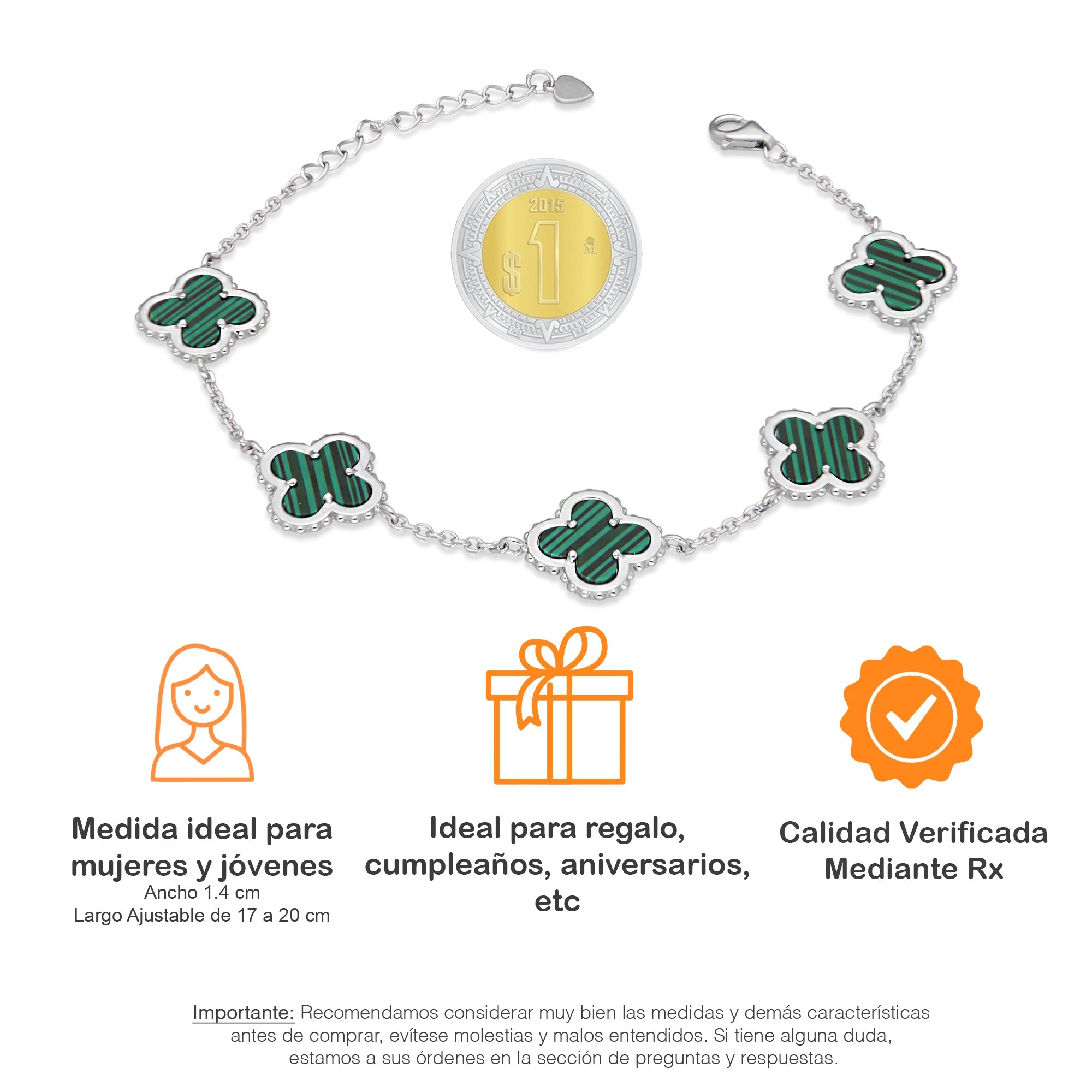 LPPD118 Pulsera Dama Mod 5 Trébol Verdes 1.4 cm Ajustable de 17 a 20 cm en Plata .925