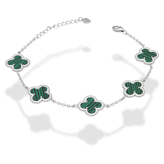 LPPD118 Pulsera Dama Mod 5 Trébol Verdes 1.4 cm Ajustable de 17 a 20 cm en Plata .925