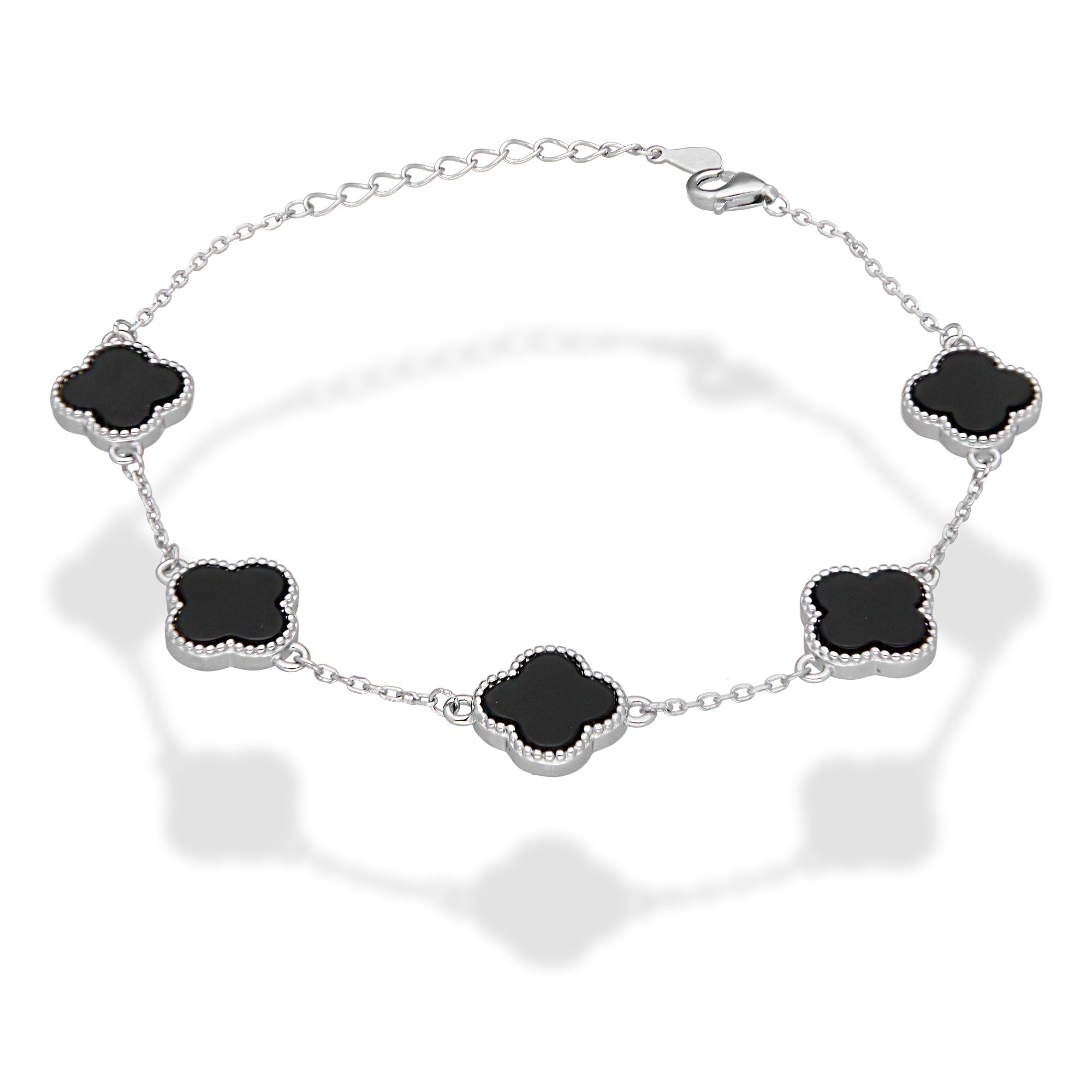 LPPD119 Pulsera Dama Mod 5 Trébol Negro 1.2 cm Ajustable de 18 a 21 cm en Plata .925