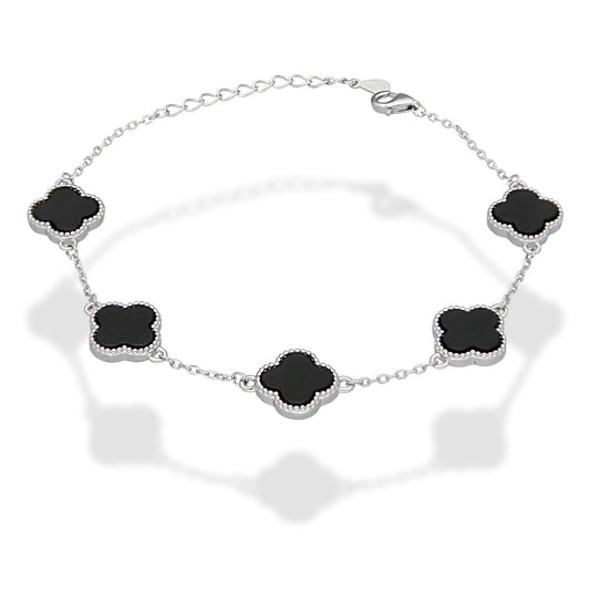 LPPD119 Pulsera Dama Mod 5 Trébol Negro 1.2 cm Ajustable de 18 a 21 cm en Plata .925