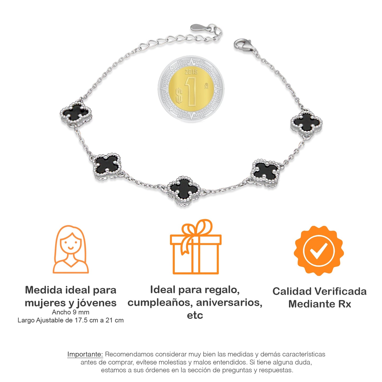 LPPD121 Pulsera Dama Mod 5 Trébol Negro 9 mm Ajustable de 17.5 cm a 21 cm en Plata .925