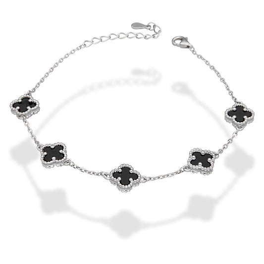 LPPD121 Pulsera Dama Mod 5 Trébol Negro 9 mm Ajustable de 17.5 cm a 21 cm en Plata .925