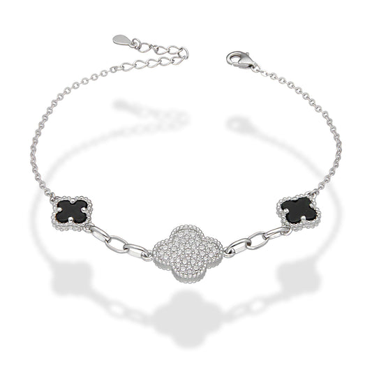 LPPD123 Pulsera Dama Mod 1 Trébol Blanco Gd con Zirconia y 2 Negros Ch Ajustable de 18 a 21 cm en Plata .925