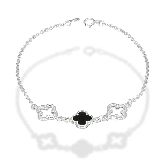 LPPD125 Pulsera Dama Mod 1 Trébol Negro y 2 Calados 1 cm x 19 cm en Plata .925