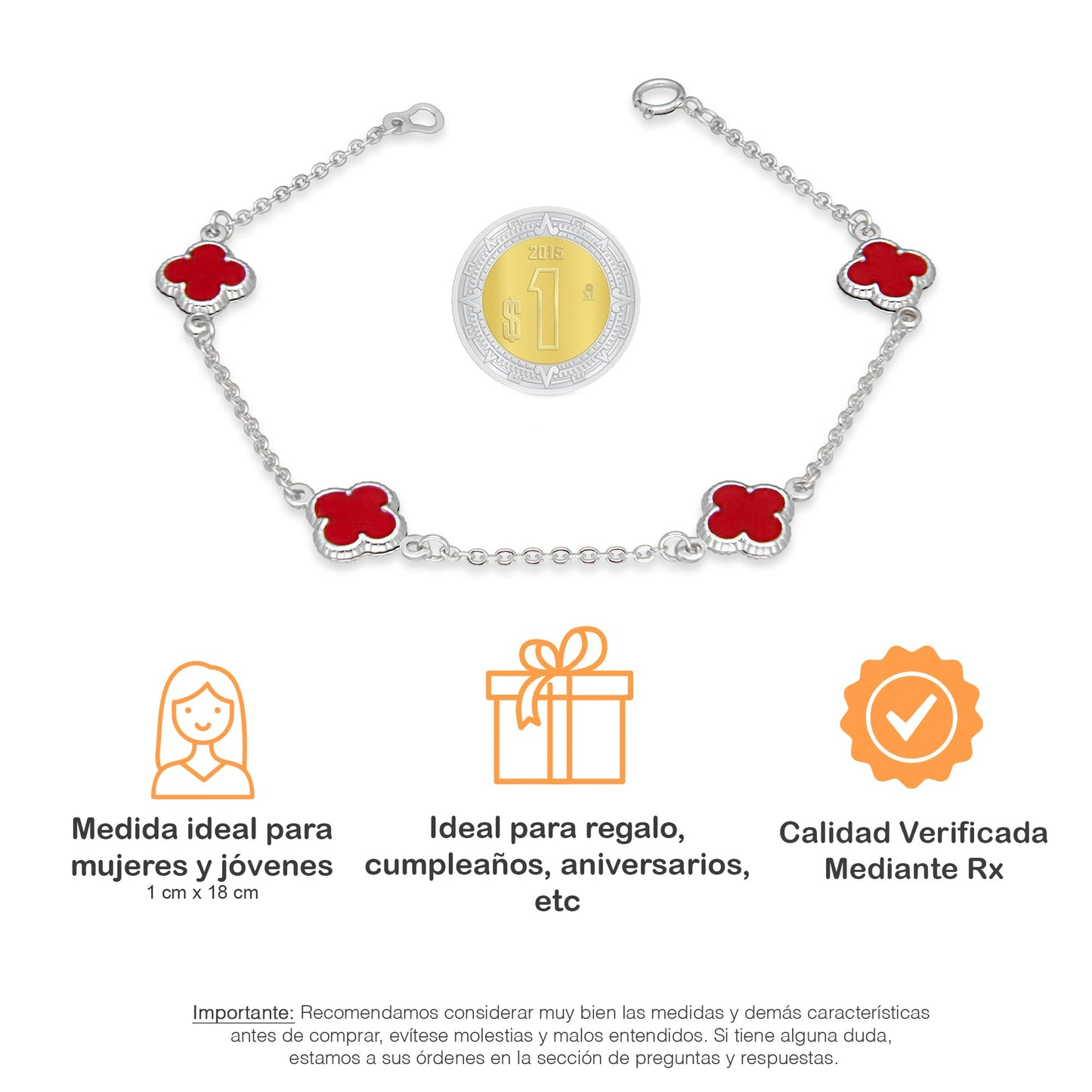 LPPD126 Pulsera Dama Mod 4 Trébol Rojo 1 cm x 18 cm en Plata .925