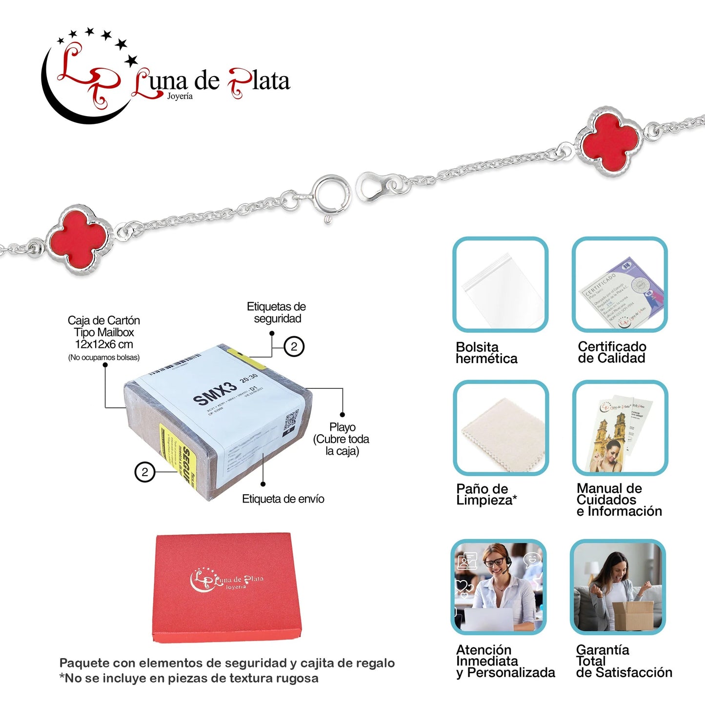 LPPD126 Pulsera Dama Mod 4 Trébol Rojo 1 cm x 18 cm en Plata .925