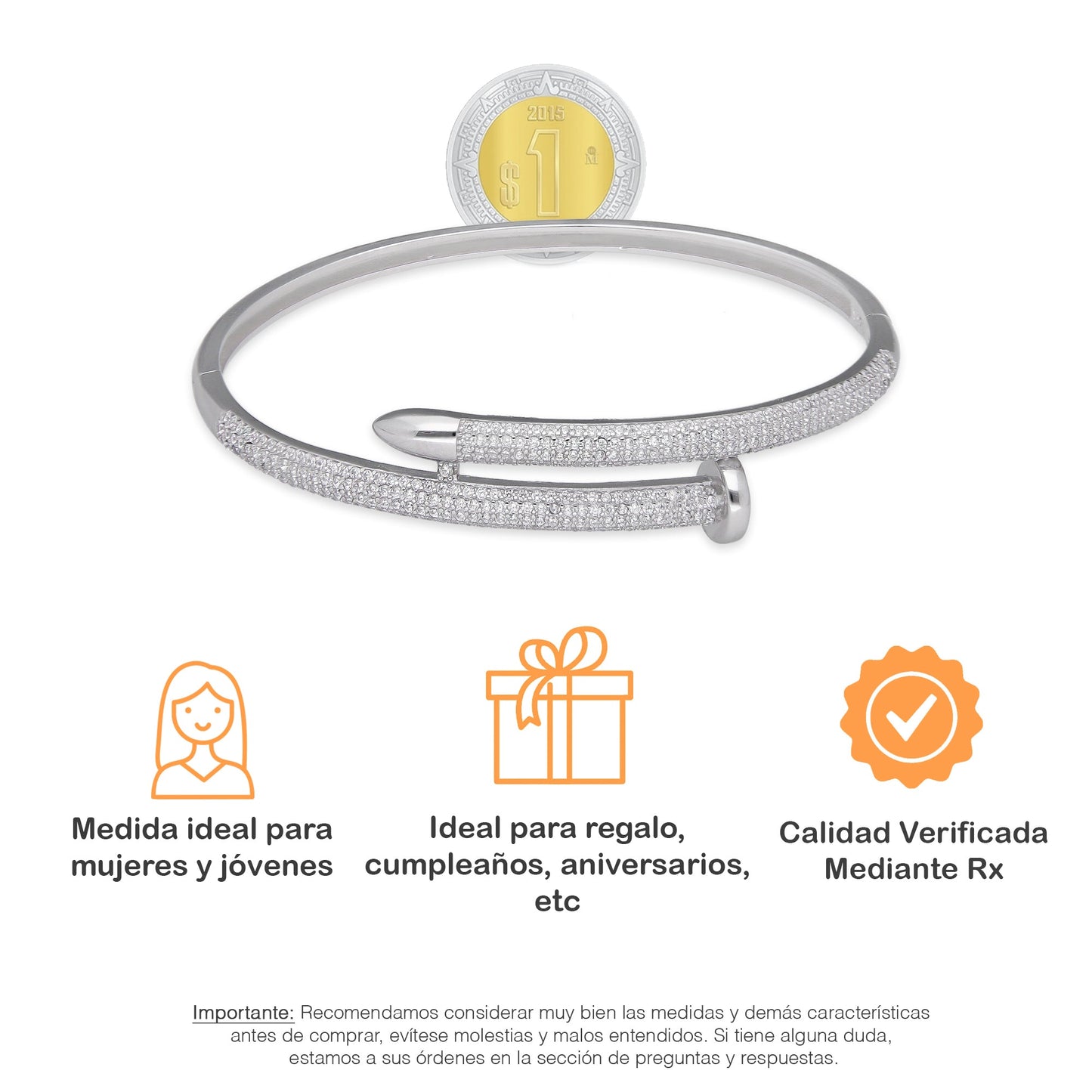 LPPD129 Pulsera Brazalete Dama Mod Clavo con Zirconias en Plata .925