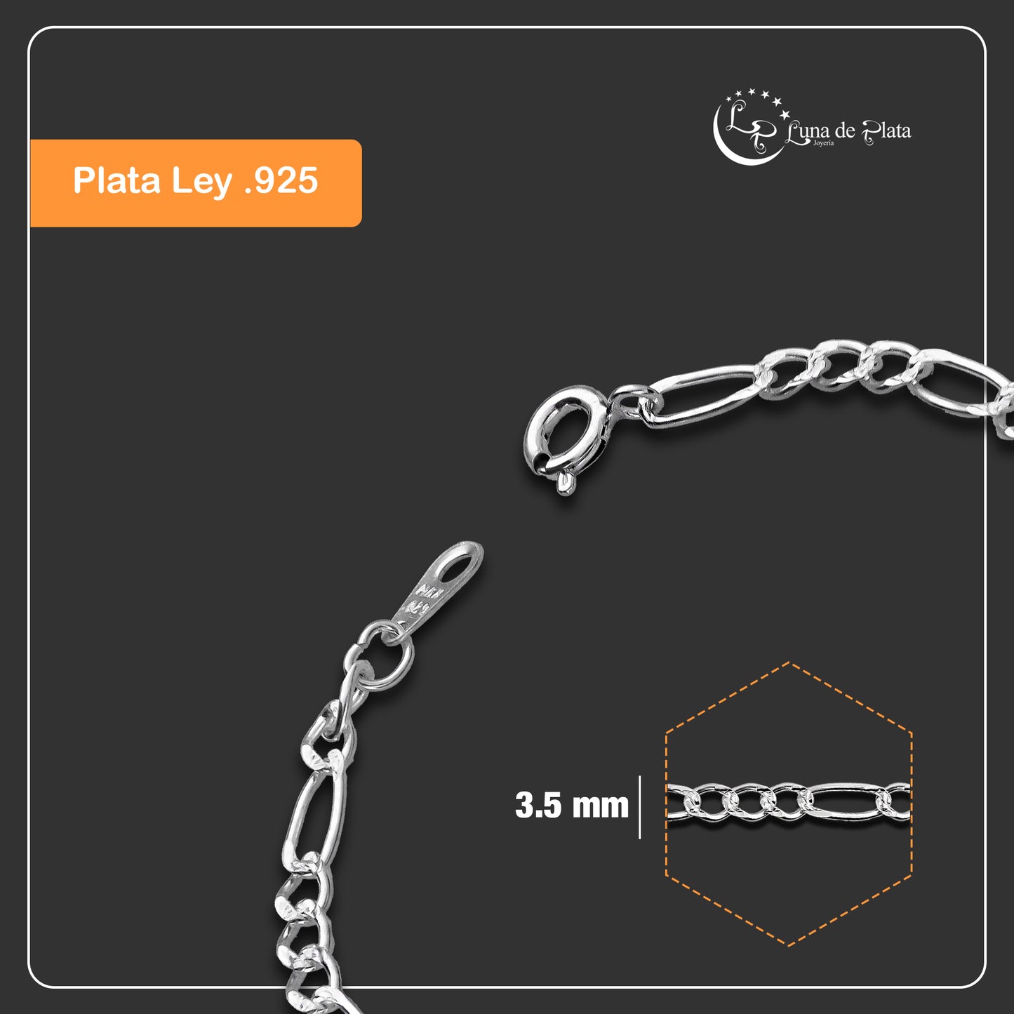 LPPN030-15 Pulsera Mod Figaro 3x1 Diam 15 cm x 3.5 mm en Plata Ley .925 3326491454