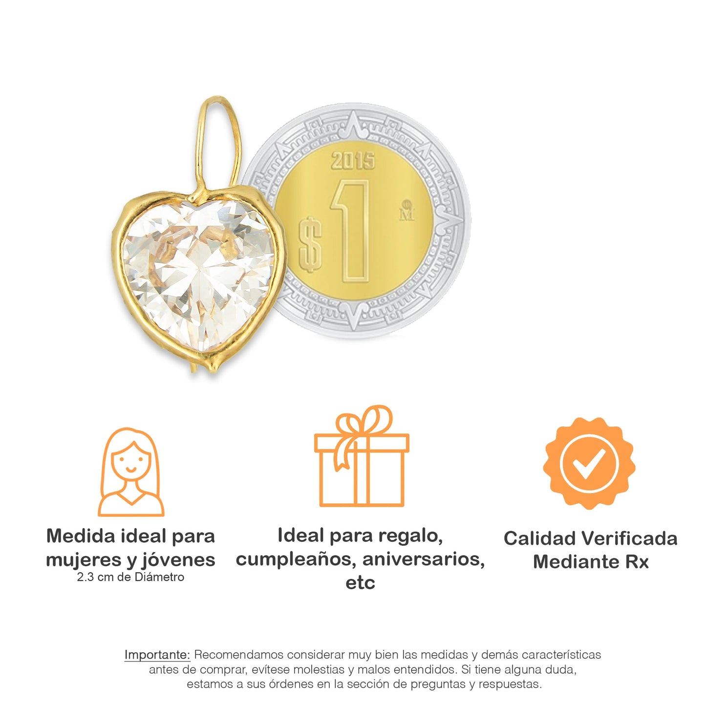 MR10AR018 Arete Arillo Oro Sólido 10K Modelo Corazón Blanco con Bisel 2.3 cm cm de Diámetro