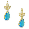 MR10AR027 Arete Arillo Oro Sólido 10K Modelo 3 Hojitas con Gota Azul Colgante 3 cm de Diámetro