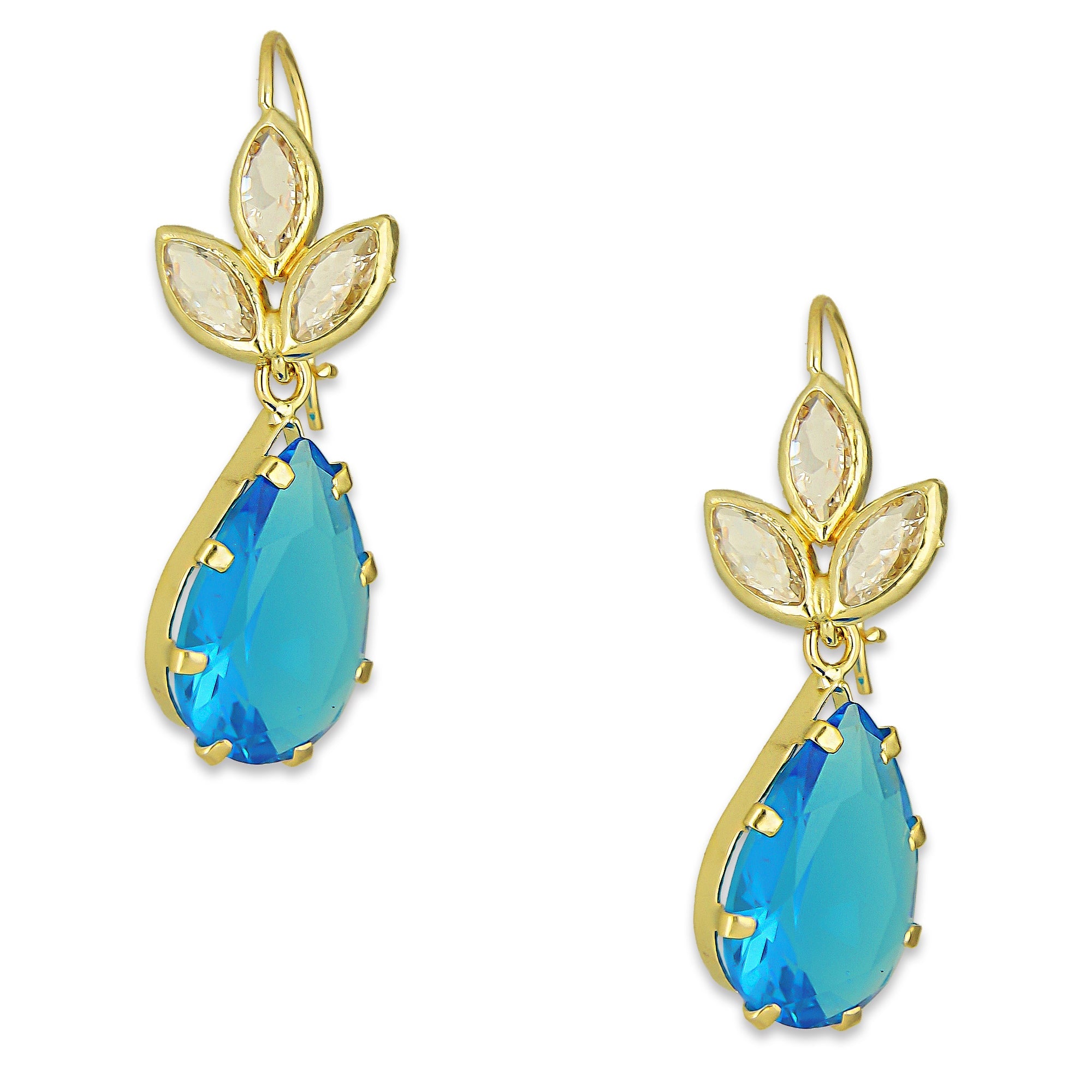 MR10AR027 Arete Arillo Oro Sólido 10K Modelo 3 Hojitas con Gota Azul Colgante 3 cm de Diámetro