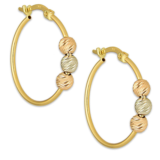 MR10AR036 Arete Arracada Oro Sólido 10K EMF10 Modelo Triada Bolitas Diamantadas Diámetro 2.4 cm