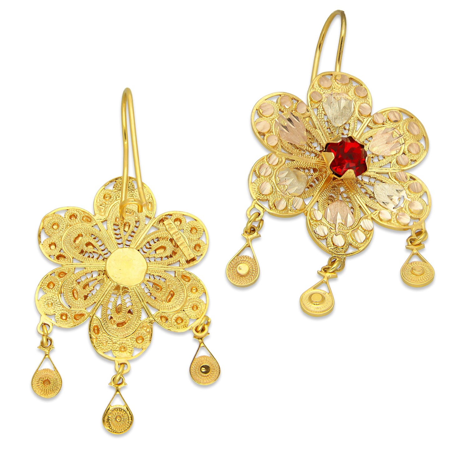 MR10AR042 Arete Arracada Oro Sólido 10K Modelo Estrella 6 Petalos 3 Círculos Colgantes Diámetro 5.8 cm