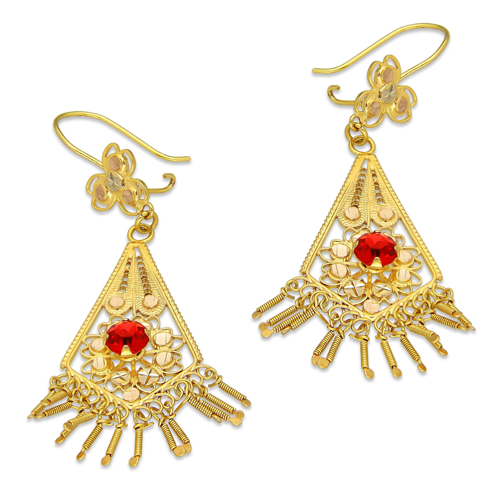MR10AR046 Arete Arracada Oro Sólido 10K Modelo Romboide con Piedra Roja Diámetro 5.6 cm
