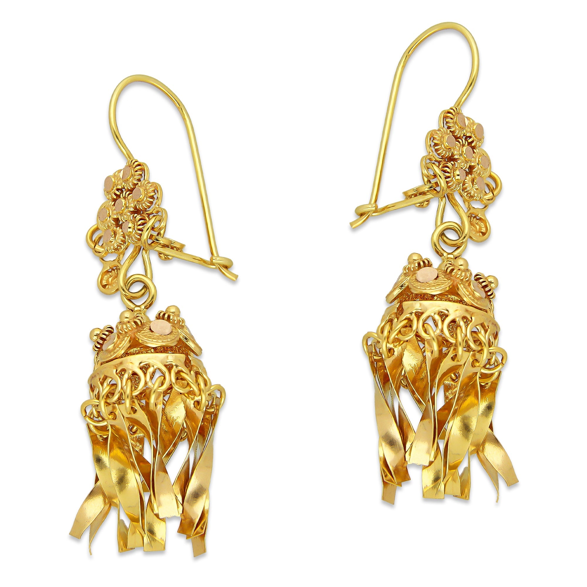 MR10AR047 Arete Arracada Oro Sólido 10K Modelo Flor Campanita Colgante Diámetro 4.6 cm