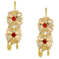 MR10AR048 Arete Arracada Oro Sólido 10K Modelo 2 Flores con 3 Hojas Colgantes y Piedras Rojas Diámetro 4.8 cm