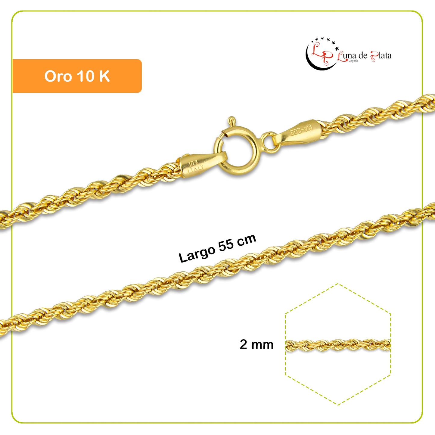 MR10CU015-55 Cadena Oro Sólido 10K H10 Modelo Torsal Lisa 2 mm x 55 cm