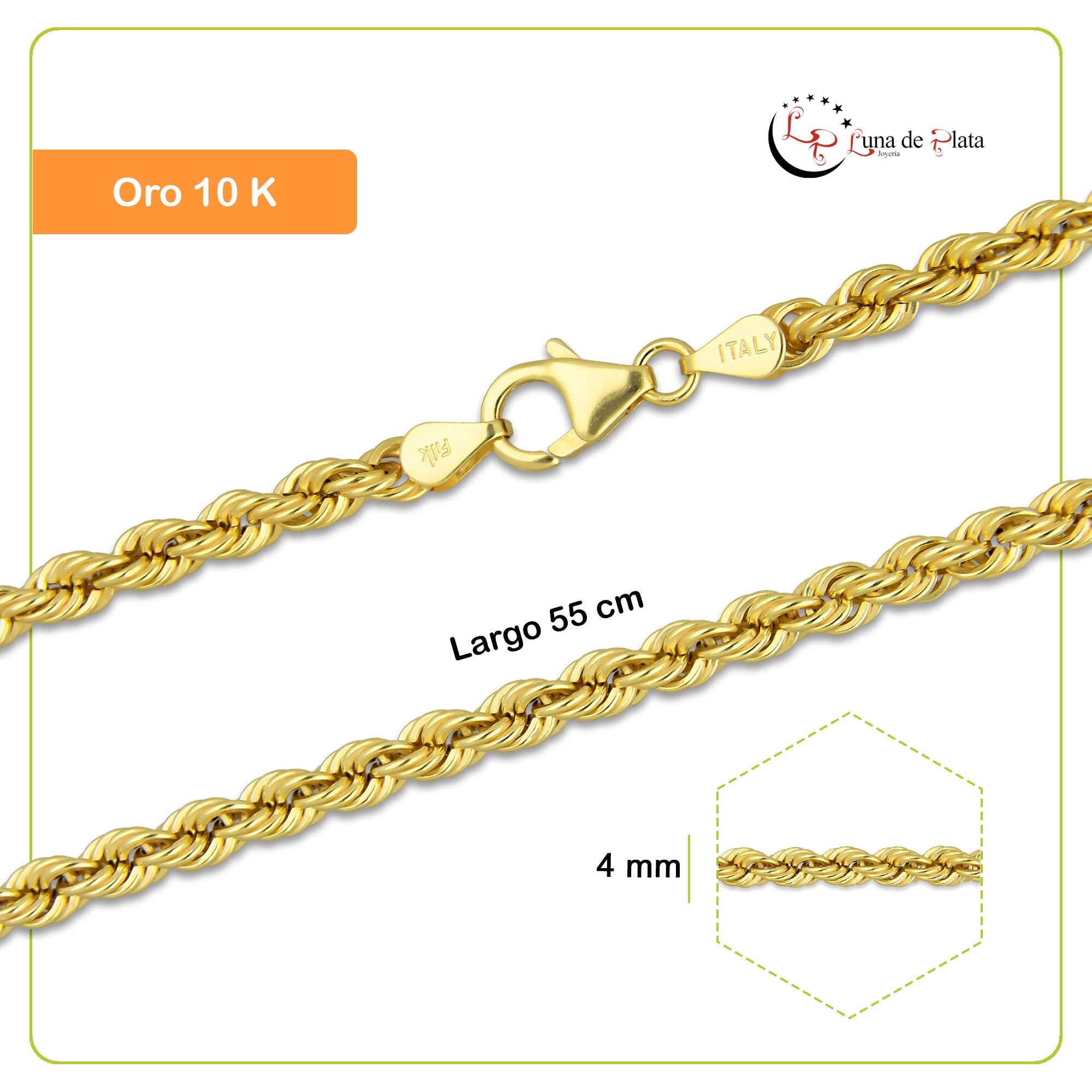 MR10CU016-55 Cadena Oro Sólido 10K H10 Modelo Torsal Lisa 4 mm x 55 cm