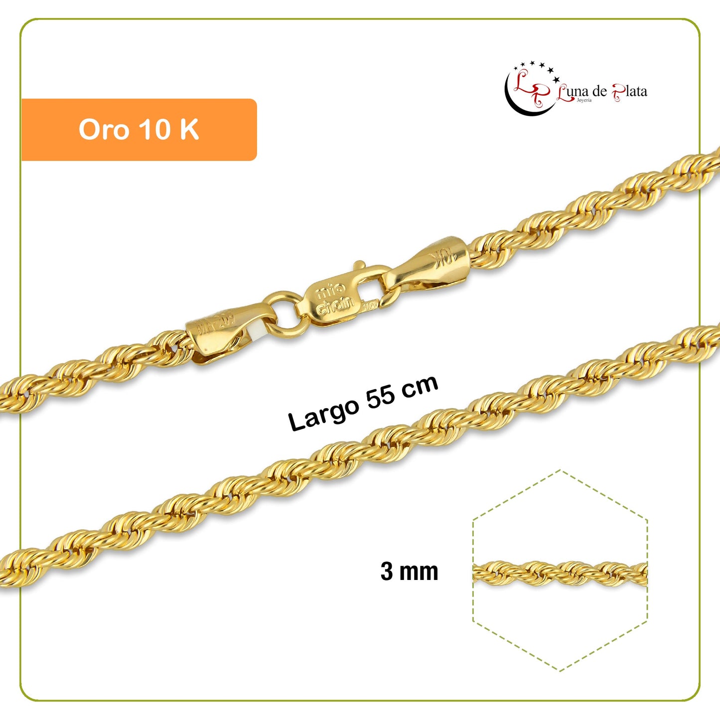 MR10CU025-55 Cadena Oro Sólido 10K EMF10 Modelo Torsal Lisa 3 mm x 55 cm
