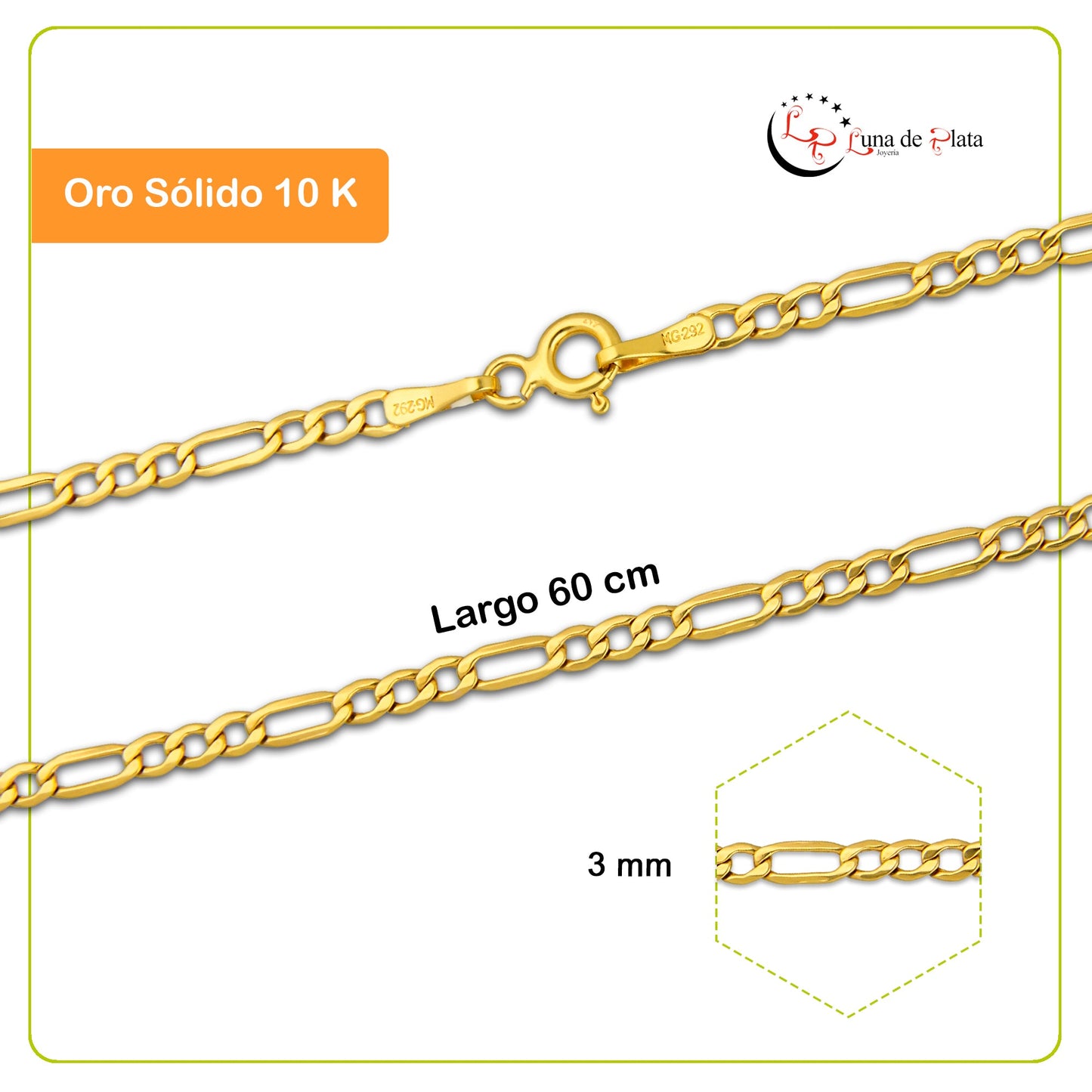 MR10CU028-60 Cadena Oro Sólido 10K EMF10 Modelo Figaro 3*1 3 mm x 60 cm