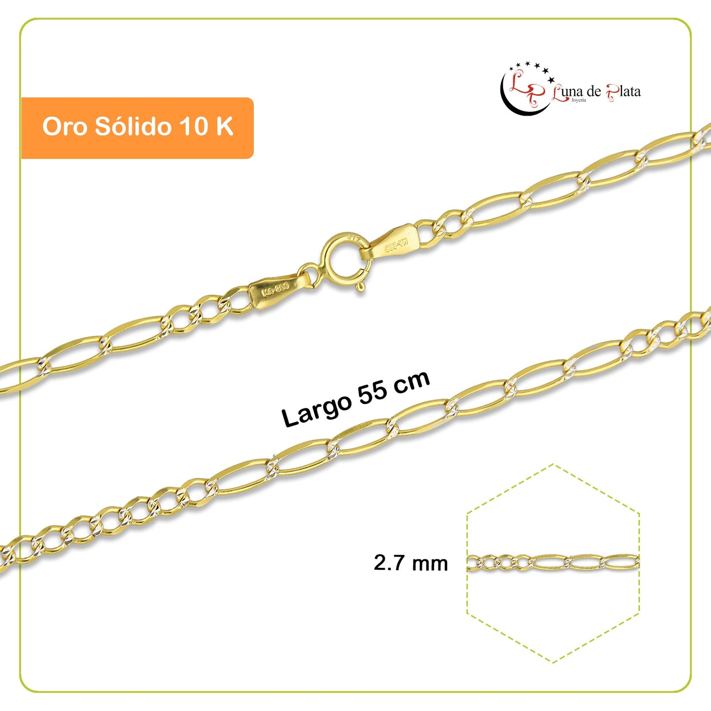 MR10CU032-55 Cadena Oro Sólido 10K Fígaro 10*7 Diamantada 2.7 mm x 55 cm