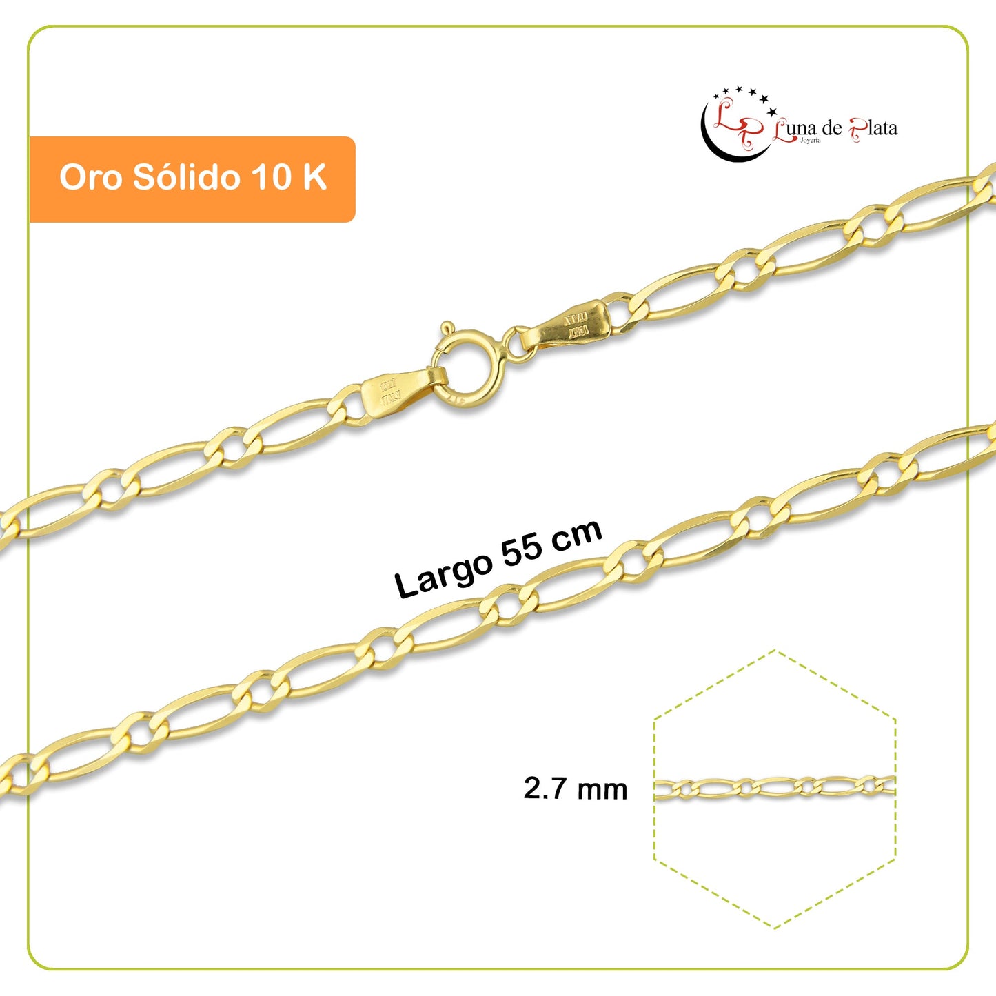 MR10CU035-55 Cadena Oro Sólido 10K Fígaro 1x1 Lisa 2.7 mm x 55 cm