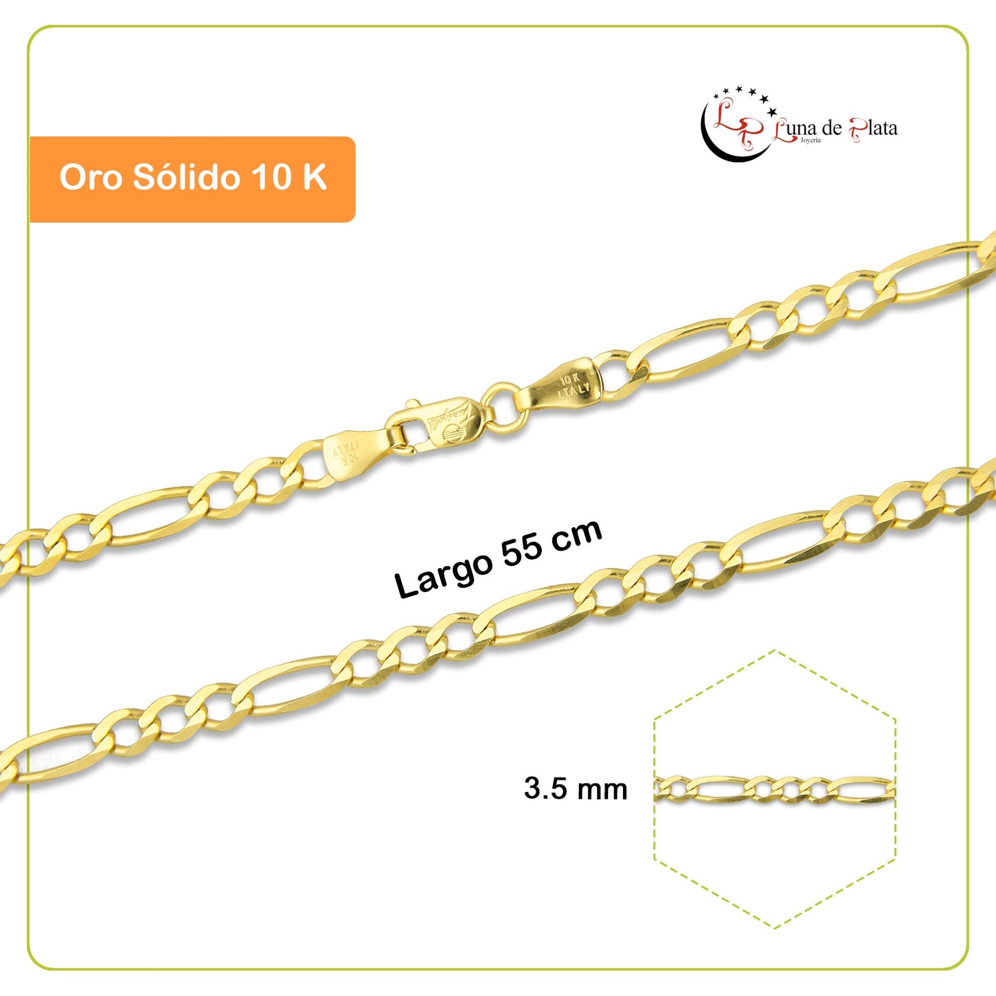 MR10CU036-55 Cadena Oro Sólido 10K Fígaro 1x1 Lisa 3.5 mm x 55 cm